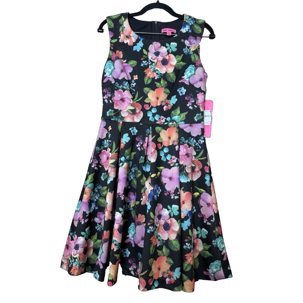 Betsey Johnson Floral Scuba Fit Flare Dress Cutout Back Black Pink Blue Sz 4 NWT
